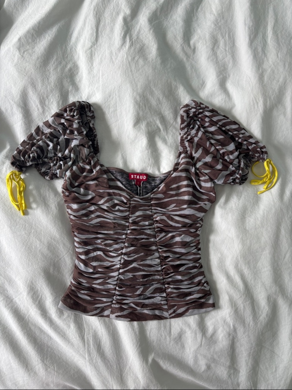 STAUD Brown and Bluish Gray Zebra-Print Ruched Puff Sleeve Top with Yellow Ties